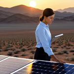 **

"A female engineer, fully clothed in modest professional attire, inspects a solar panel installation in a vast desert landscape at sunset. Safe for work, appropriate content, perfect anatomy, correct proportions, natural pose, well-formed hands, proper finger count, natural body proportions, professional, family-friendly, warm lighting, high resolution."

**