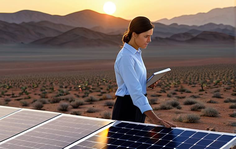 **

"A female engineer, fully clothed in modest professional attire, inspects a solar panel installation in a vast desert landscape at sunset. Safe for work, appropriate content, perfect anatomy, correct proportions, natural pose, well-formed hands, proper finger count, natural body proportions, professional, family-friendly, warm lighting, high resolution."

**