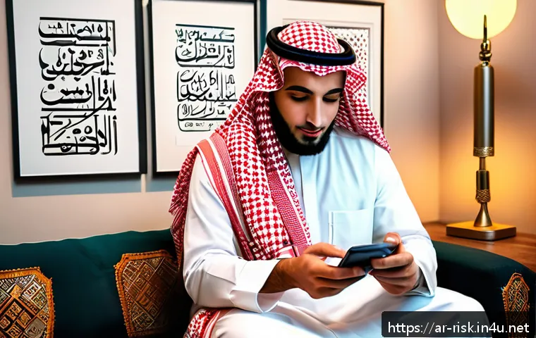 신용카드 정보 유출 사고 사례 - A modern Arab man in his early 30s, dressed in traditional white thobe and red-and-white checkered k...