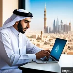 Home 18 이메일 보안 강화 방법 - A modern Middle Eastern home office scene showing a young Arab professional securely accessing their...
